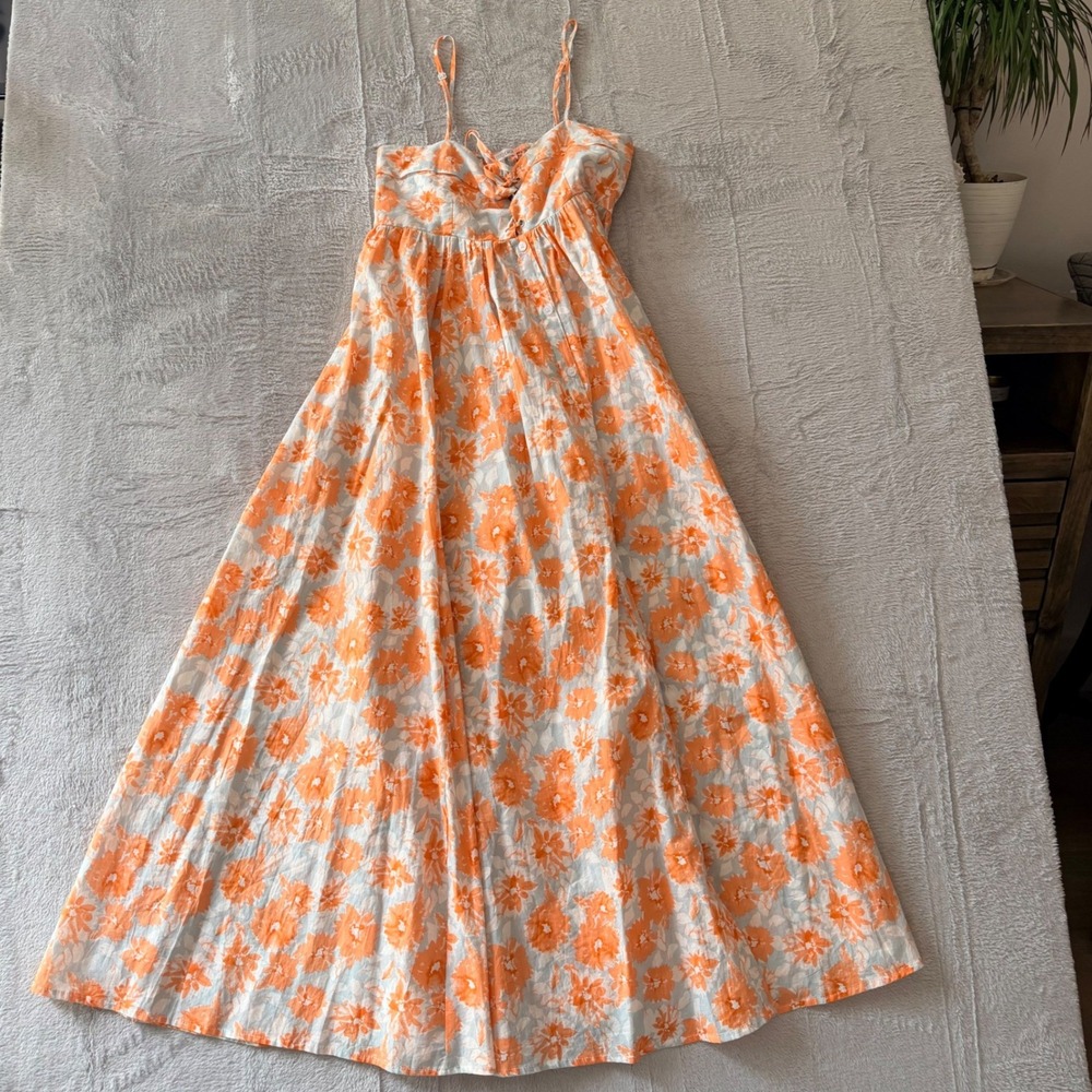 Orange Floral Sweetheart Maxi Dress Smocked Back Adjustable Straps Summer Sun